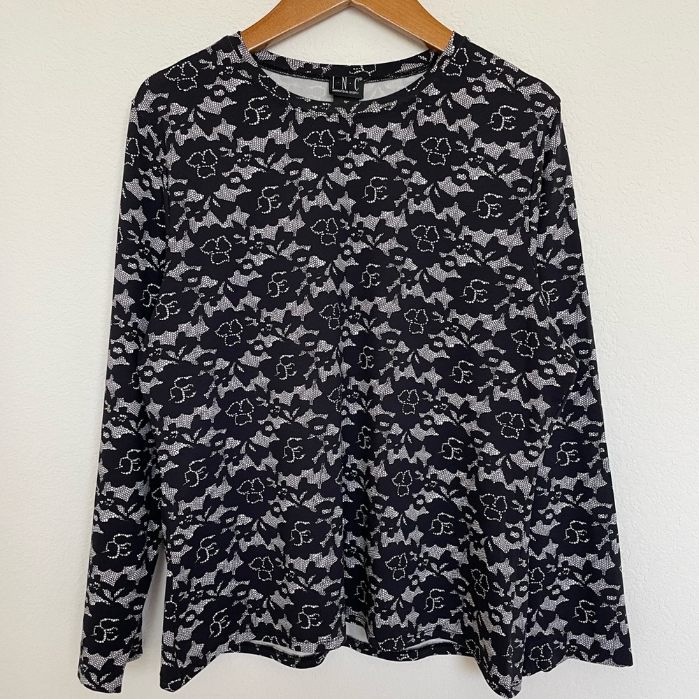 INC lace print top sweater black white